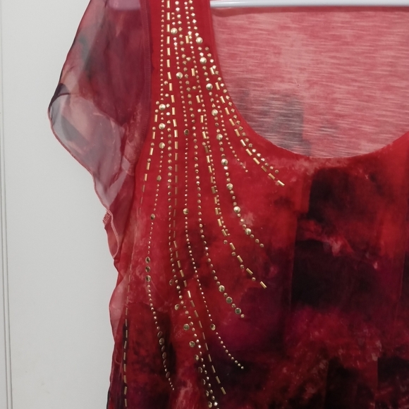 One world ombre orange Uneven hem short flutter sleeve blouse w Stud accents XL - Picture 2 of 8